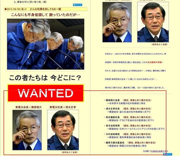 가쓰마타 전 회장(아래쪽 사진 중 왼쪽)과 시미즈 전 사장(오른쪽)의 사진과 함께 도쿄전력 임원들이 처벌을 피해 해외로 도피했다는 주장이 실려 있다. 이이야마 이치로 홈페이지 캡처.