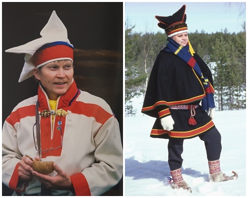 사미족 전통 의복은 붉은색과 파란색, 흰색, 검은색 조합으로 만들어진다. 왼쪽 사진 출처는 사미족 전통의복제작회사 Sámi Duodji. 오른쪽 사진 출처는 핀란드 이나리 Inari 사미 공예가, Peteri Laiti.