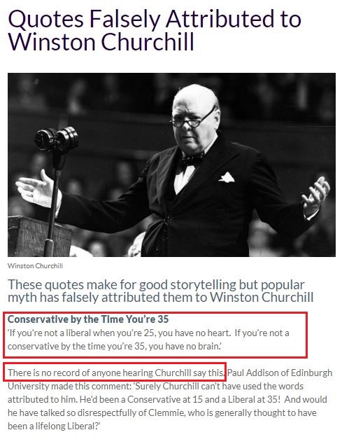 국제처칠협회(International Churchill Society) 웹사이트 공지글. “처칠이 ‘25에는 자유주의자, 35에는 보수주의자’라는 말을 한 기록이 어디에도 없다”고 써 있다.