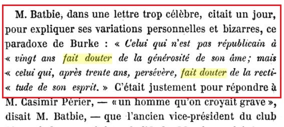 19세기 프랑스의 작가 쥘 클라레티(Jules Claretie)가 쓴 당대 인물들의 전기 모음집 속 정치인 안셀므 바트비(Anselme Batbie) 항목 일부. 에드먼드 버크의 것으로 인용되어 있다.