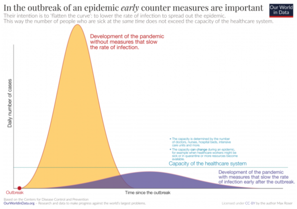 전염병 확산시 광범위하고 빠른 조기 검진의 중요성을 보여주는 그래프. 초기에 발병을 억제하지 못하면 환자가 급격하게 증가해 사망자도 증가한다.