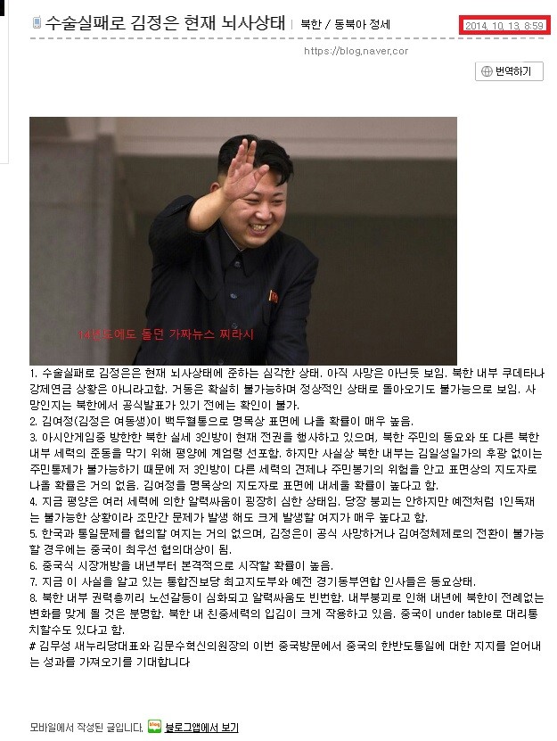 과거에도 나돌았던 김정은 북한 국무위원장 위독 관련 가짜뉴스. 2014년 10월 13일이라는 날짜가 선명하다.
