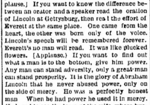 로버트 잉거솔이 1883년 연설 내용이 담긴 신문 기사. 현재 링컨의 명언으로 알려진 문구의 원문이 실려 있다.