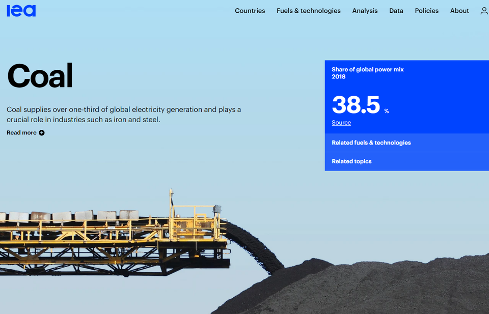 2018년 기준 전세계 발전량의 38.5%를 석탄이 차지하고 있다. IEA 홈페이지 캡처.
