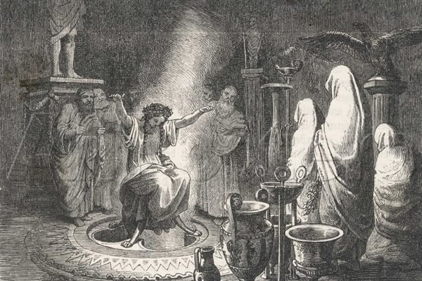그림 2. 고대 그리스 델피 신전의 신녀의 예측. 출처: Heinrich Leutemann's The Oracle of Delphi Entranced, 1800's