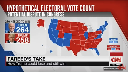 그림 5. CNN GPS에서 예측한, 소위 경합주에서 투표 관련 분쟁이 일어나는 경우의 양쪽 선거인단수.