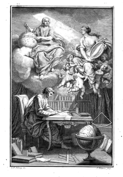 그림 1. 1738년 볼테르의 '뉴턴 철학의 개요'에서 책 안 쪽에 있는 그림이다. 뉴턴의 지식을 미네르바(에밀리 뒤 샤틀레)가 받아서 그 빛(지식)을 볼테르에 주었다는 의미로 해석된다. 볼테르가 책을 쓸때 샤틀레의 도움에 대한 감사의 표현으로 보고 있다.