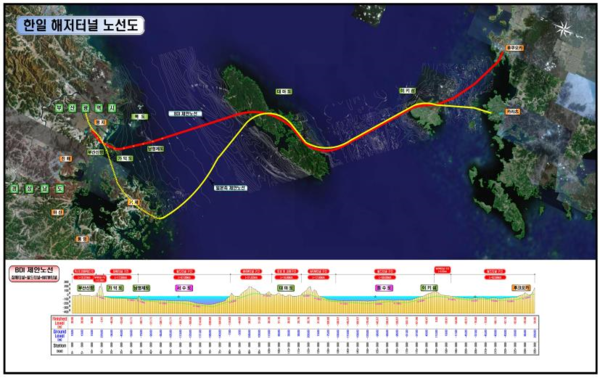 부산발전연구원의 한일해저터널 노선도 (이미지 출처: 부산발전연구원 보고서)