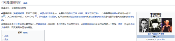위키피디아 중문판 '중국조선족(中國朝鮮族)' 검색 결과