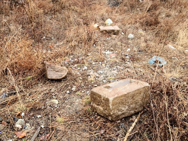 사진 13. 강루정 일대 건너편 야산에 버려져 있는 옛 묘지의 석물들. 1970년대에 파묘된 해풍 윤씨 일가 무덤들에서 나온 것으로 추정된다. 2021년 3월 1일 필자 촬영.