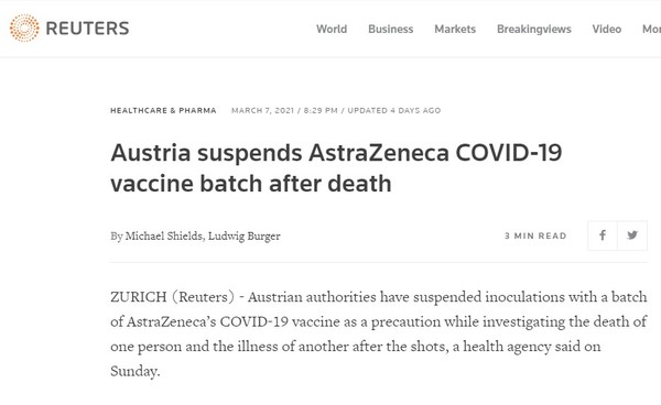 로이터의 3월 7일자 'Austria suspends AstraZeneca COVID-19 vaccine batch after death' 기사