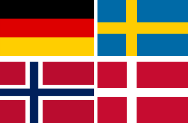 독일(좌측 상단), 스웨덴(우측 상단), 노르웨이(좌측 하단), 덴마크(우측 하단) 국기