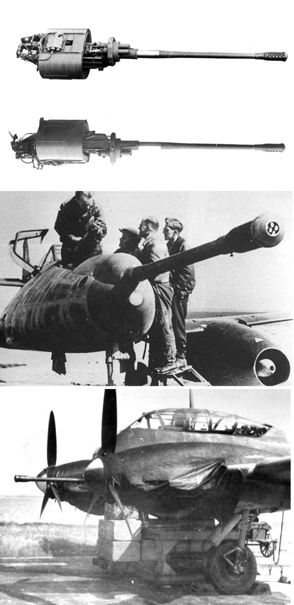 사진8. 5cm 기관포 MK214A(맨 위)를 장착한 Me262A-1/U4(중간)와 Me 410(이래) 의 모습. 폭격기 요격용으로 소수가 사용되었다.