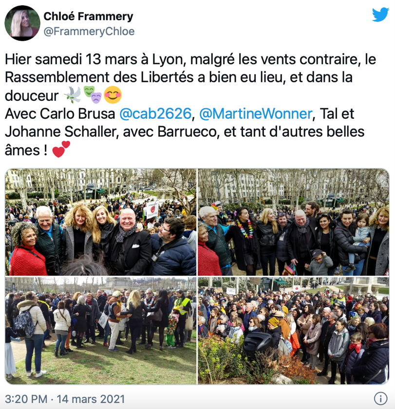 사진 10. 브루사는 2021년 3월 13일 리옹에서 열린 마스크 반대 집회에 마르틴 보네르 의원과 함께 참여했으며, 그의 변호사기도 하다.