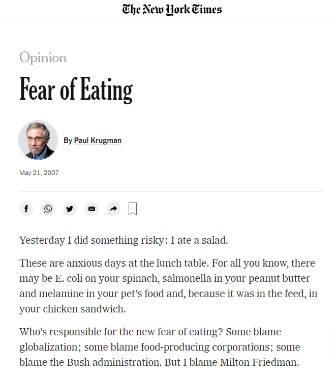 2007년 5월 21일 뉴욕타임스에 실린 미국 경제학자 폴 크루그먼의 칼럼 'Fear of Eating'