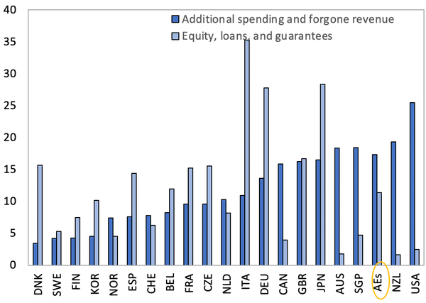국제통화기금 IMF의 국가별 코로나19 추가 재정 지출 상황. 한국은 소위 선진국 G20국가중에 추가 재정지출에서 16위를 기록했다. 출처: IMF