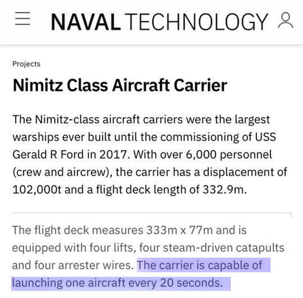 그림 5. Naval-technology.com이 제시하는 니미츠급 항모의 항공기 이착함 능력 관련 서술