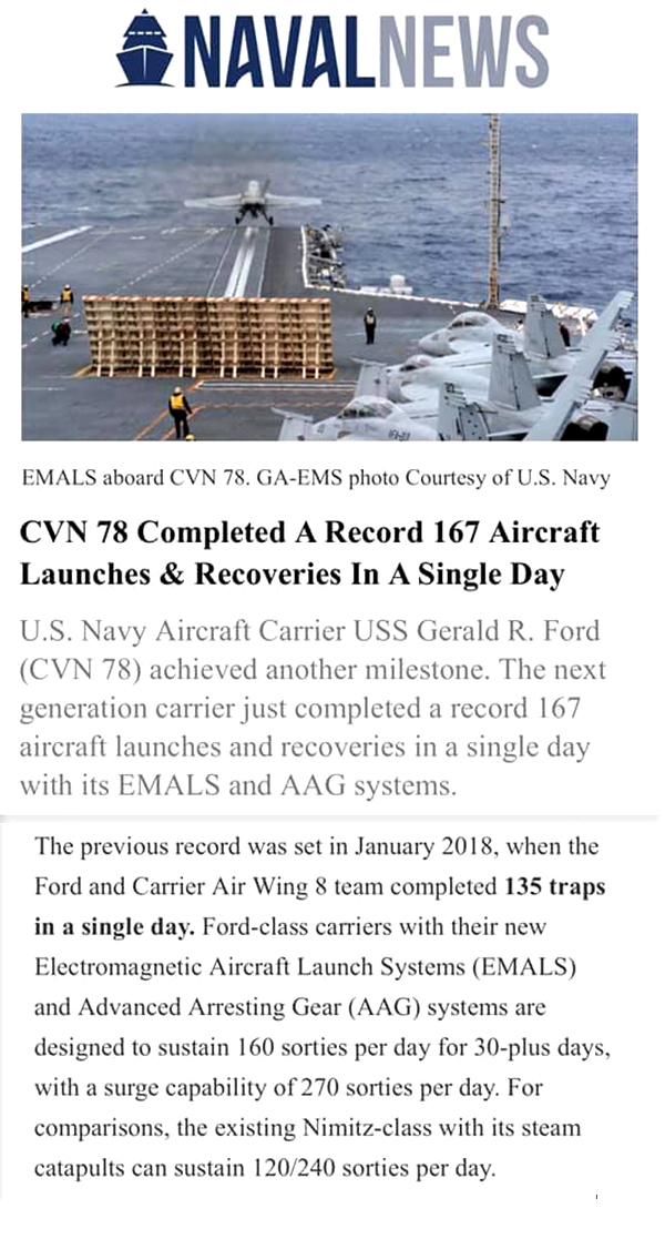 그림 16. Naval News가 2020년 5월 22일자로 게시한 CVN-78 제럴드 포드 급이 하루에 167회의 이/착함 테스트에 성공했다는 내용의 기사 캡쳐