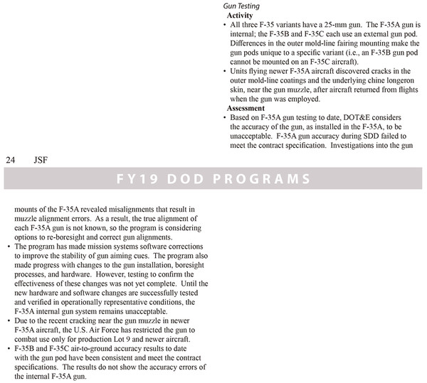 그림 4. 미 국방부 운용 시험 및 평가 사무국의 FY2019 보고서에서 언급한 F-35 기관포 테스트 관련 부분 캡처,