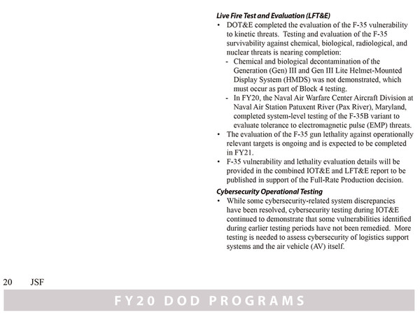 그림 5. 미 국방부 운용 시험 및 평가 사무국의 FY2020 보고서에서 언급한 F-35 기관포 테스트 관련 부분 캡처