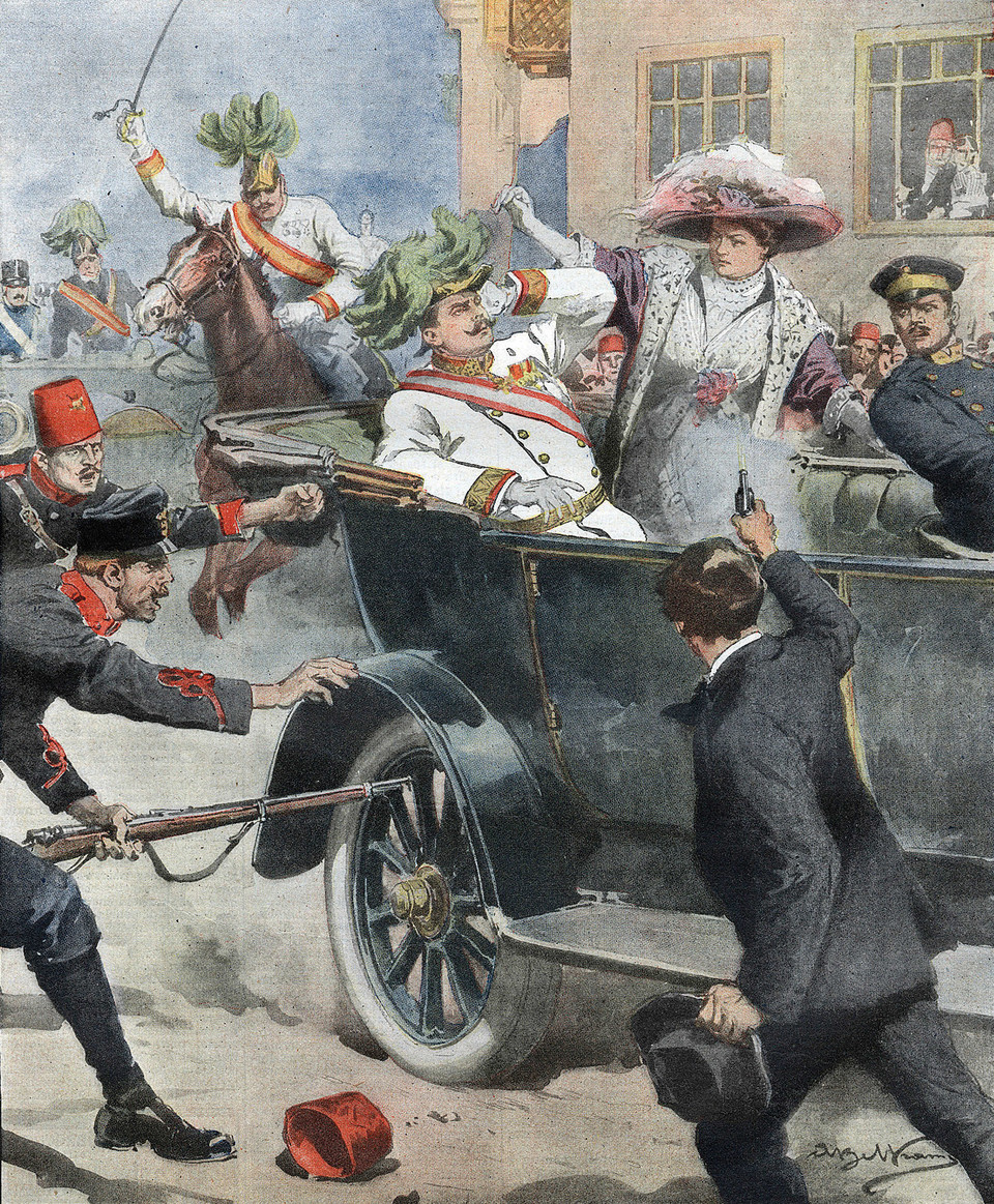 사라예보 사건 2주 뒤 이탈리아 신문에 실린 삽화. 1914년 6월 28일 오스트리아 황태자 프란츠 페르디난트 대공 부부는 세르비아에서 민족주의 조직원에게 암살당한다. 이 사건은 1차 세계대전의 도화선이 됐다.