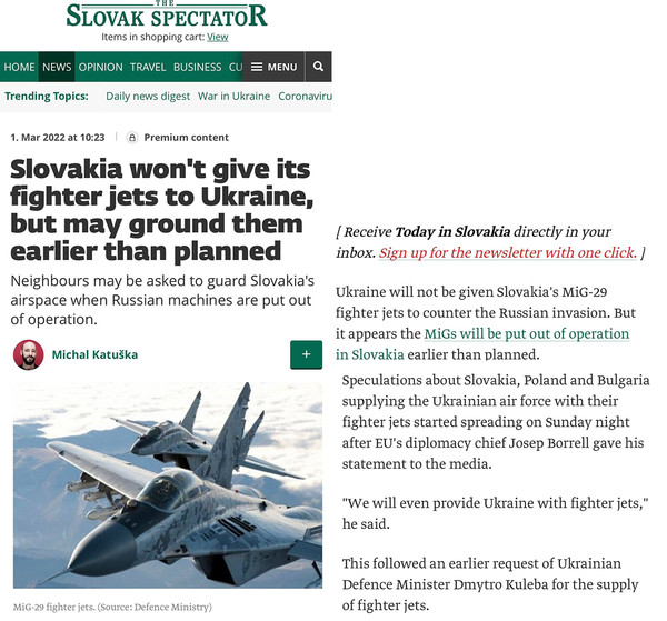 그림 8. 슬로바키아도 우크라이나에 전투기를 보낼 계획이 없다고 한다.