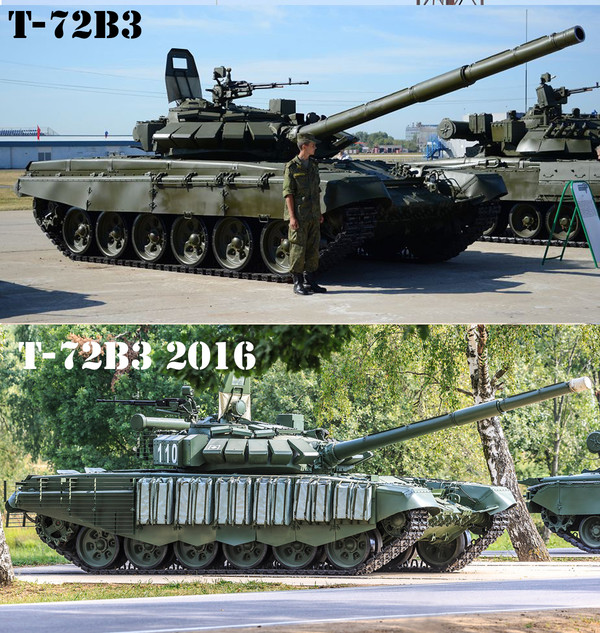 그림 11. 구식화된 T-72A/B의 구성품들을 교체, 새로 업그레이드한 T-72B3과 그것을 다시 업그레이드한 T-72B3 2016년형의 비교