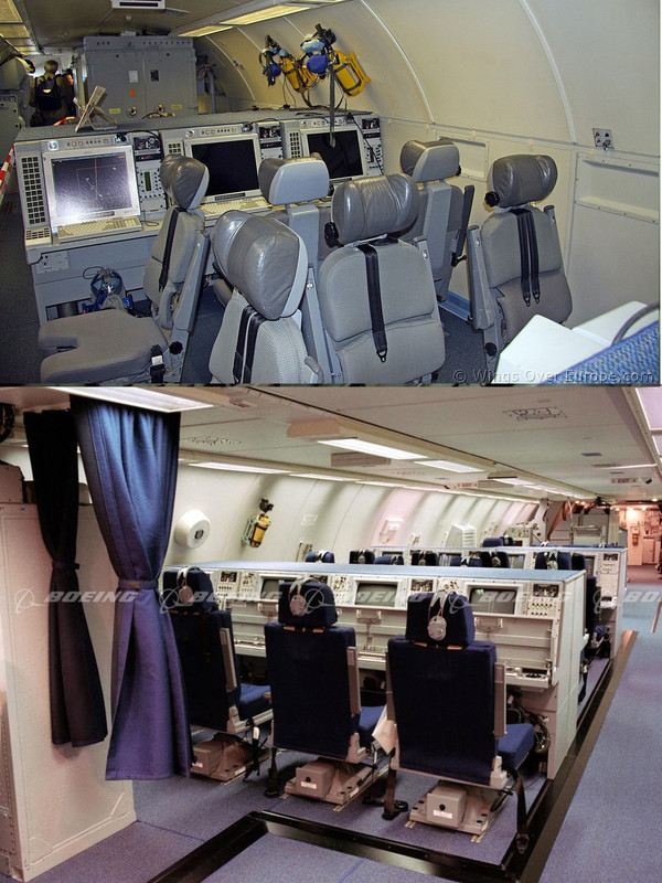 그림 6. E-767과 E-3의 내부 공간 비교. 좁은 707 기반의 E-3는 콘솔화면 3개를 설치하면 사람 한 명 지나가는 공간만 남은데 비해 767 기반의 E-767은 콘솔을 한줄 더 놓고도 충분한 공간이 있다. 보잉에 따르면 50%쯤의 공간 여유가 있다고 한다.