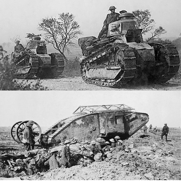 그림 28. 현용 전차의 조상님이라 할 수 있는 르 샤 흐누(Le char Renault) FT(위)와 영국I 탱크 MK.I