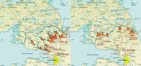 그림 4. 중앙일보 기사가 일체 언급하지 않던, 7번 구역 카렐리야 지협 전황도, 왼쪽은 11월 30일부터 12월 15일까지의 소련군 공세를, 오른쪽은 숨마, 키비니에미, 켈리아, 타이팔레에서 소련군의 돌파시도를 나타낸다