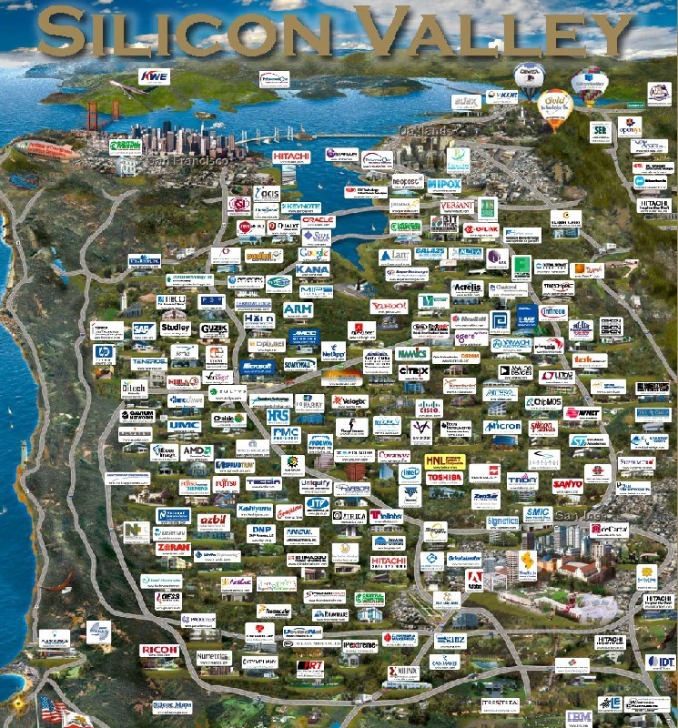 미국 캘리포니아 실리콘밸리에 입주한 기업 지도.