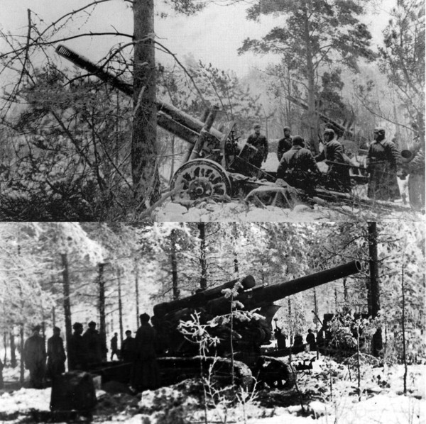 그림 8. 1940년 2월부터 소련군은 152mm M1937 ML20(위)과 203mm M1931 B-4(아래) 같은 중포를 전면에 내세웠다