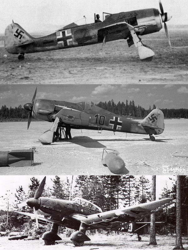 그림 15. 쿨마이 비행단 소속 기체들, 포케불프 Fw190A-6 (위), 포케불프 Fw190F-8 (중간), 융커스 Ju87D-5 Stuka(아래)