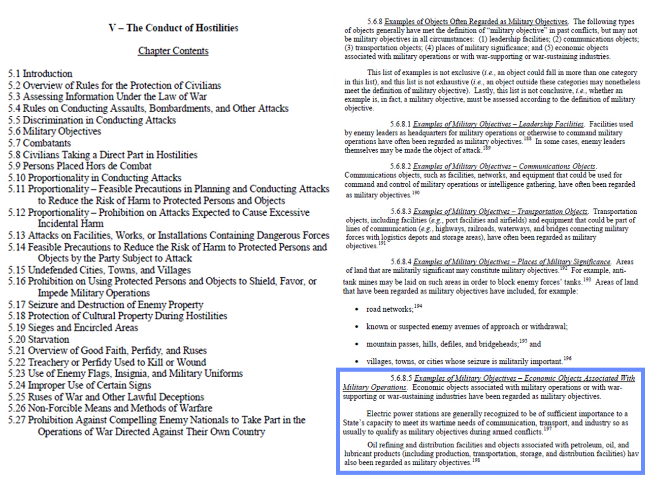그림 5. 미국 국방부(DoD)가 펴낸 전쟁법 매뉴얼(DoD Law Manual) 2016년 개정판 Chapter 5 목차 (왼쪽) 와 5.6. 군사목표(Military Objectives) 항목 본문(오른쪽) 캡처.