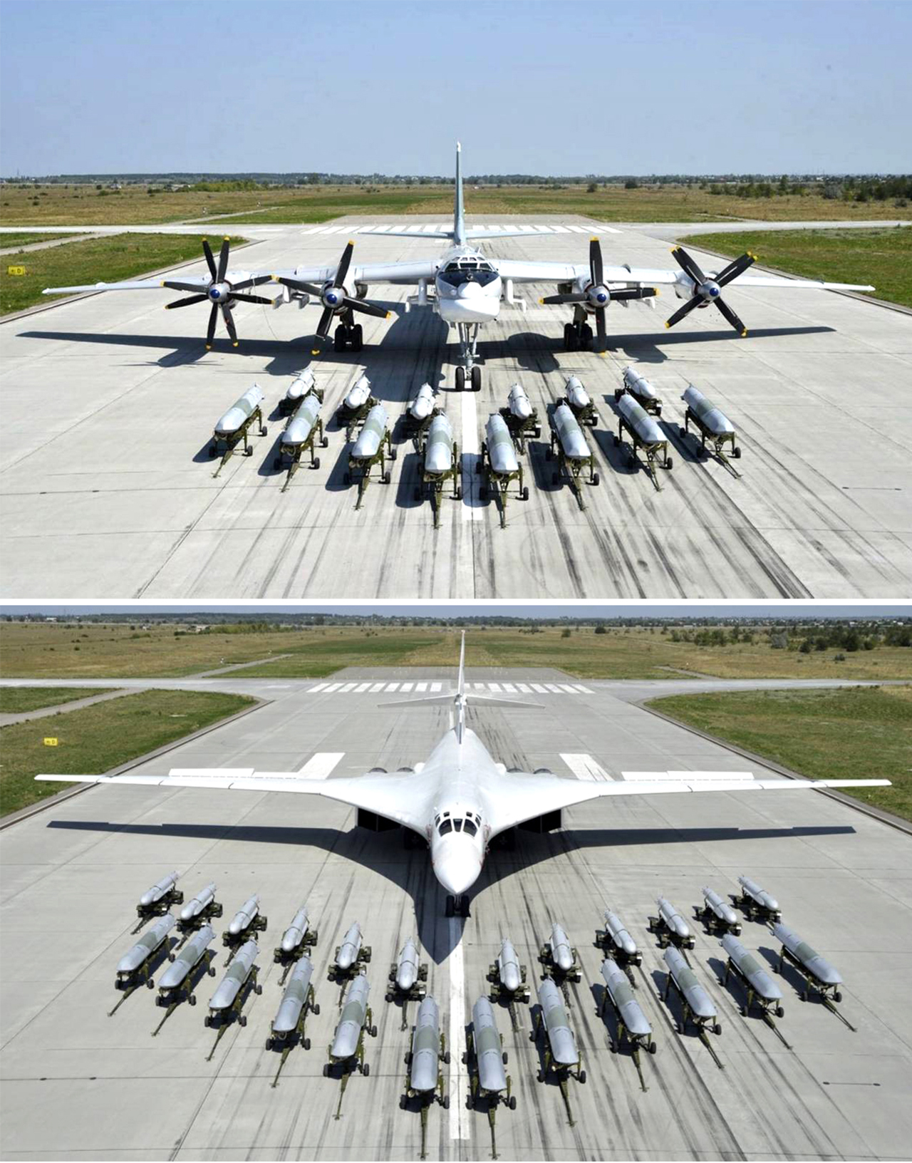그림 7. 2020년 러시아 국방부가 공개한 Tu95 폭격기와 Tu160 폭격기와 X-555 순항미슬과 X-101 순항미슬. 이 때 공개된 사진에서는 Tu-22M3/5 폭격기는 다른 무장 상태를 공개했지만 X-555 순항미슬과 X-101 순항미슬 역시 탑재 및 운용이 가능하다.