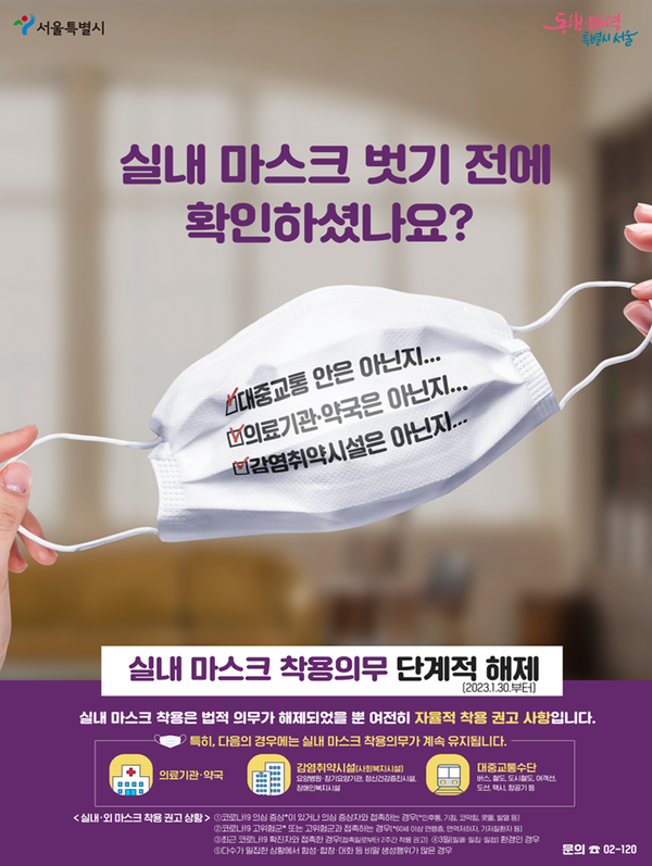 실내 마스크 착용의무 단계적 해제 안내 포스터 (출처: 서울시 홈페이지)