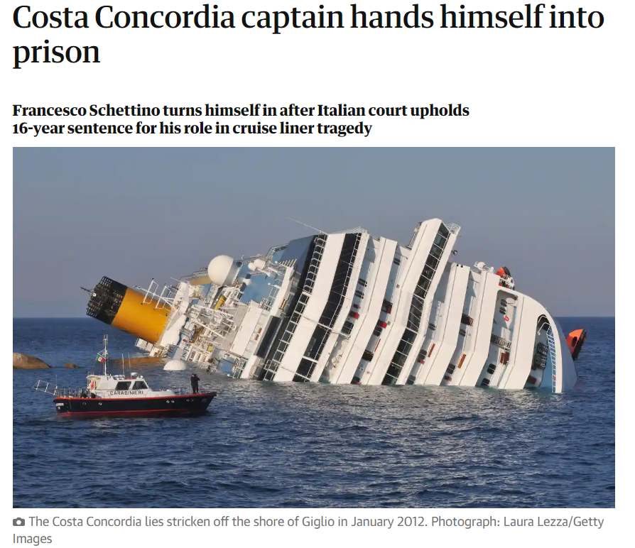코스트 콩코르디아호 침몰 소식을 다룬 영국 언론  인터넷 기사 화면 갈무리