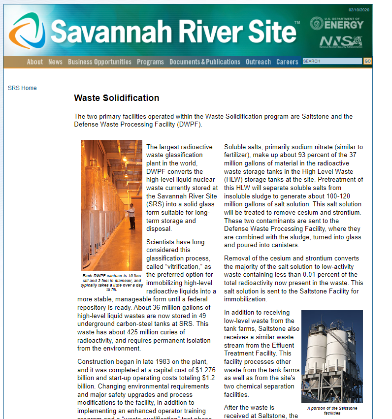 미국 사바나 강 핵시설 '폐기물 고형화' 관련 소개 웹페이지 갈무리. 고준위-저준위로 나눠 폐기물 처리 방법을 소개하고 있다. 출처=Savannah River Site